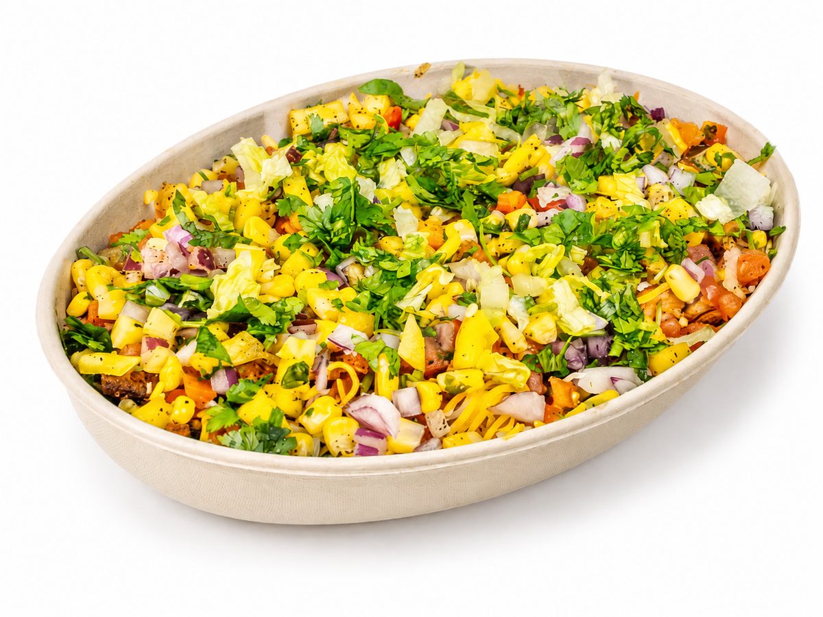 Burrito bowl with cilantro lime crema drizzle